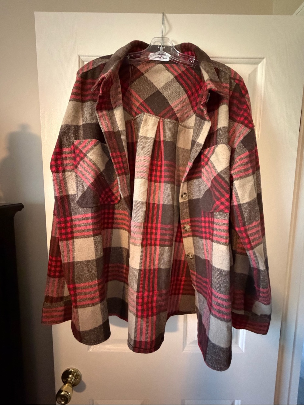 Plaid Button-Front Shacket in Red and Brown - Unbranded